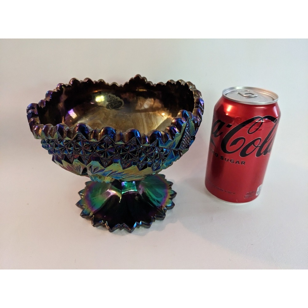 Fenton Purple Carnival Glass Iridescent Candy Dish Sticker 5 Inch Tall